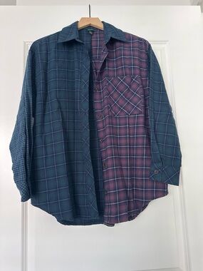 Women's Patchwork Plaid Button-Up Shirt - Blue & Burgundy
